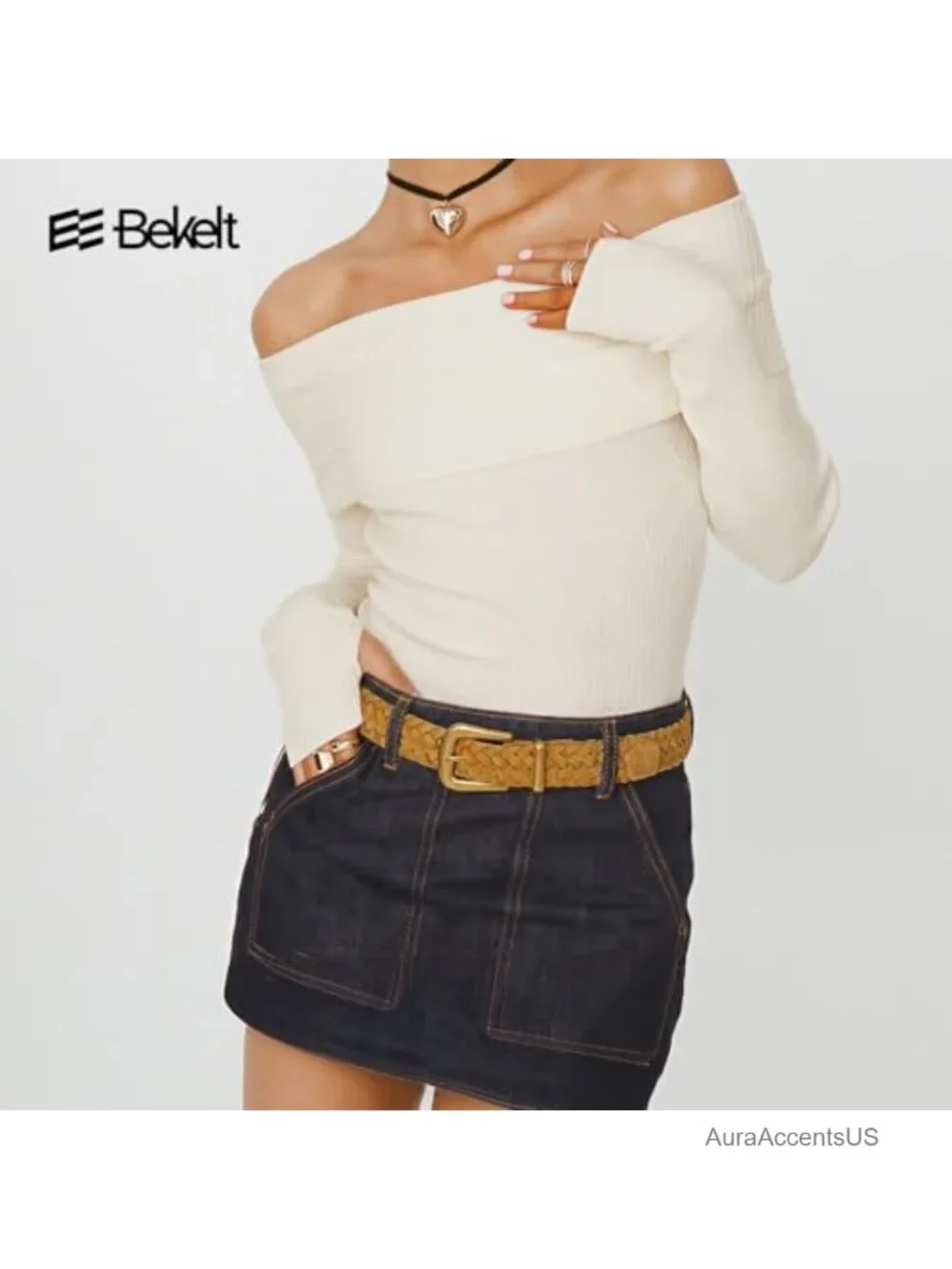 Braided Suede Belt with Matte Gold Buckle for Jeans Pants Dresses